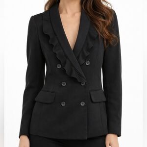 WHBM Black Ruffle Double Breasted Blazer Size 2 Corpcore Coquette Dark Academia